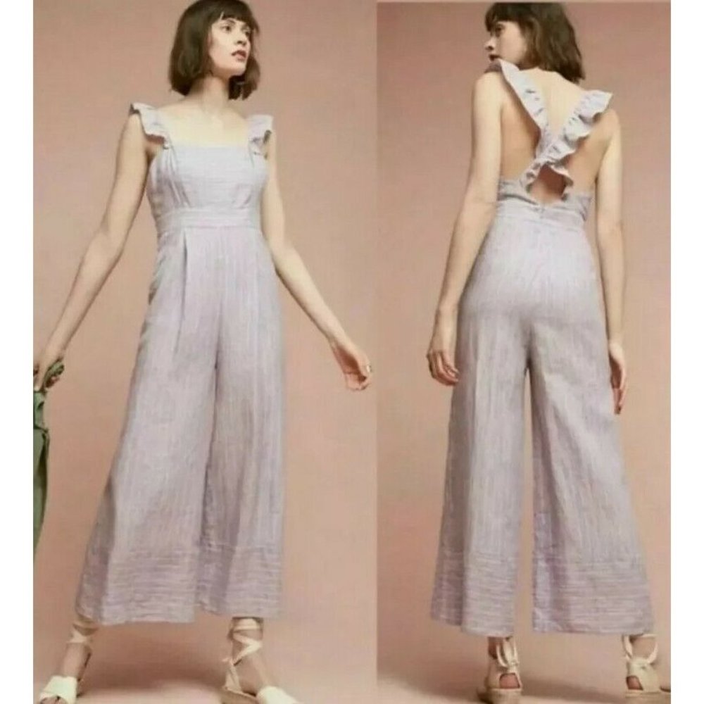 Anthropologie Nantucket Ruffled Jumpsuit Elevenses Size 4 Stripe Pink Lavender